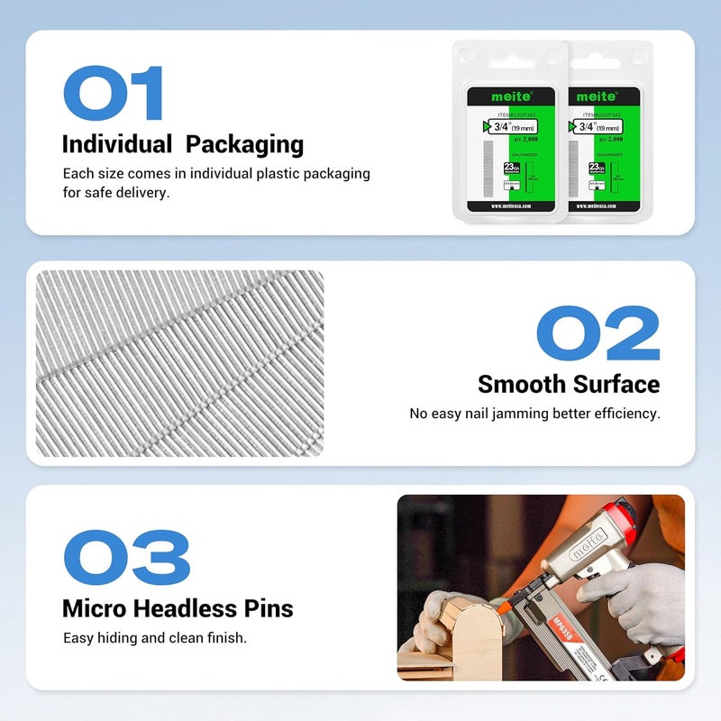 Meite 23 Gauge Pin Nails, 3/4 Inch Micro Headless Pins - Galvanized 23GA Pins Nails for Nail Gun, Ideal for Fine Woodworking and Trim Work (2,000 Counts) - Image 4